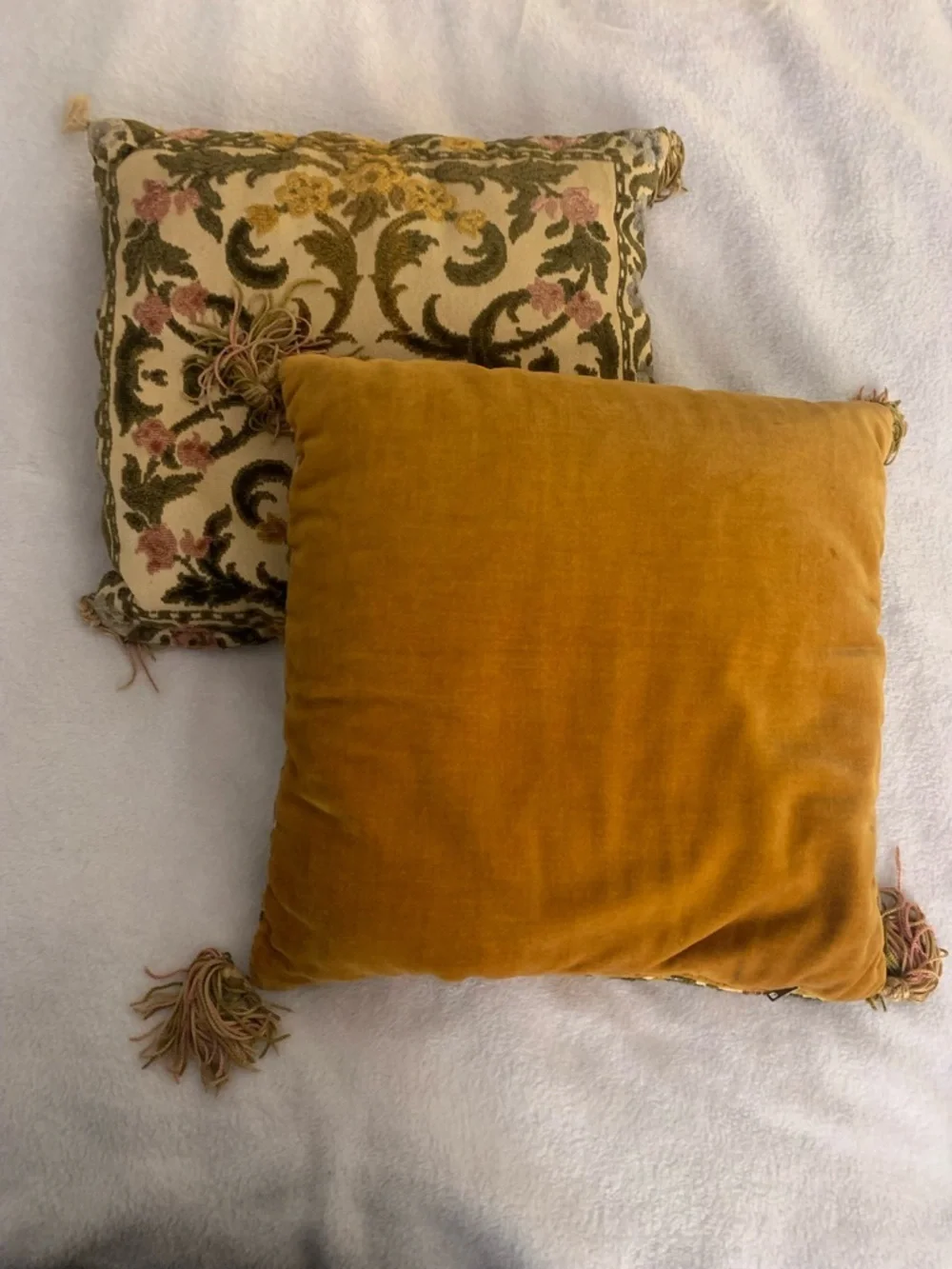 Antique Velvet Damask Floral Throw Pillows with Tassel Trim approx 10 x 10